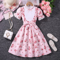Pink Rose Puff Sleeve Lace Dress Belt 2 Pieces  Pink