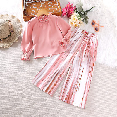 Fashionable Lace Long Sleeve Top Striped Trousers