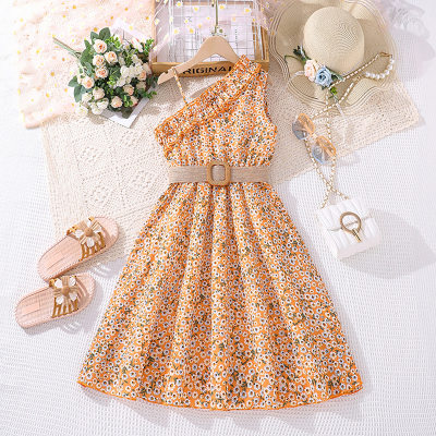 Gelbes, süßes Prinzessinnenkleid mit Blumenmuster und Hosenträgern