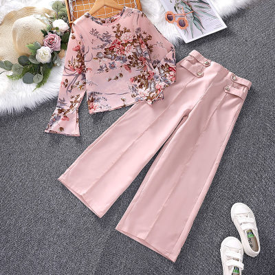 2-piece Kid Girl Floral Printed Long Flare Sleeve Top & Solid Color Loose Pants