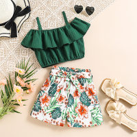 Strapless One-shoulder Ruffled Top Printed Shorts Set  Green