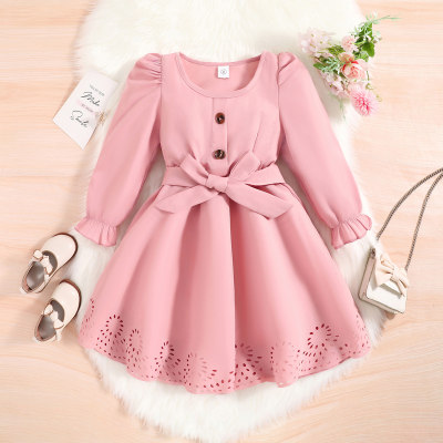 2-piece Toddler Girl Solid Color Long Sleeve Dress