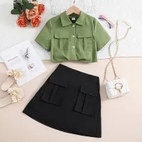 Children's clothing new European and American short-sleeved shirts and skirts fashion trends  Green