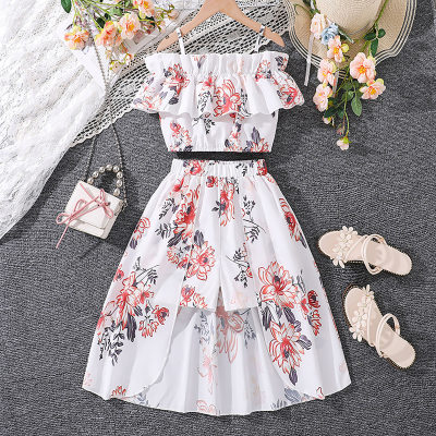 White printed suspender skirt and pants two-piece set