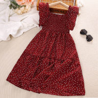 Kid Girl Allover Polka Dotted Square Neck Ruffled Sleeve Dress  Red