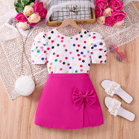 Colorful Polka Dot Top Puff Sleeve Shorts Two-Piece Set  Pink