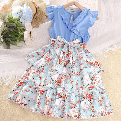 Children's dress lace collar flying sleeves floral princess dress children's dress