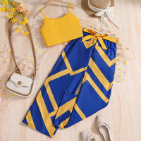 Summer halter top fashionable color matching trousers and belt three-piece set  Yellow
