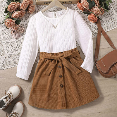 2-piece Kid Girl Round Neck Long Sleeve Top & Button Front Skirt