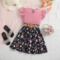 Short-sleeved top fashionable printed skirt belt set  Pink