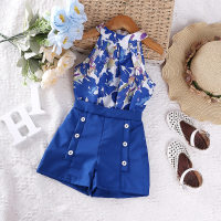 2-piece Toddler Girl Allover Floral Printed Halted Neck Top & Solid Color Shorts  Blue