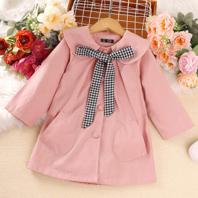 Toddler Girl 100% Cotton Solid Color Lapel Plaid Bowknot Decor Pocket Front Button Up Trench Coat