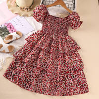 Kid Girl Flower Print Square Neck Puff Sleeve Dress  Red