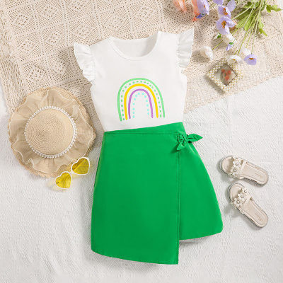 Conjunto de dos piezas de falda y top con mangas voladoras con estampado de arcoíris nuevo de verano