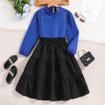 2-piece Kid Button Front Stand Up Collar Long Sleeve Top & Skirt