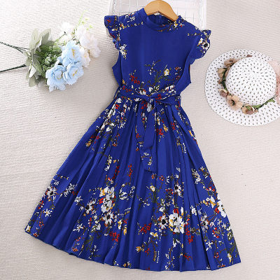 Kid Girl Allover Floral Printed Stand Up Collar Sleeveless Dress