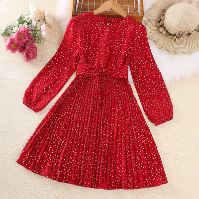 Kid Girl Solid Color Polka Dotted Long Sleeve Dress
