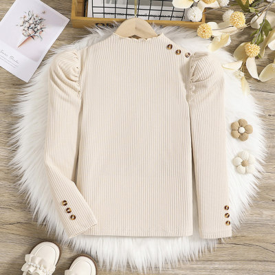 Kid Girl Solid Color Puff Sleeve Sweater