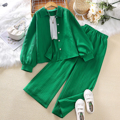 2-piece Kid Girl Solid Color Button-up Long Sleeve Shirt Jacket & Matching Loose Pants
