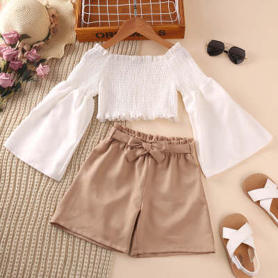 Kid Girl Solid Color Flare Sleeve Top & Shorts With Belt