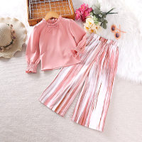 Fashionable Lace Long Sleeve Top Striped Trousers  Pink