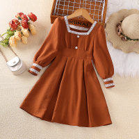 Kid Girl Solid Color Lace Spliced Square Neck Long Puff Sleeve Dress  Brown