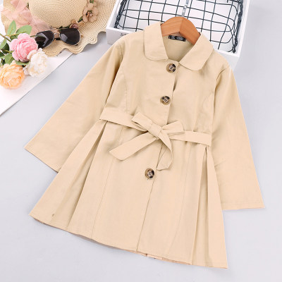 Toddler Girl 100% Cotton Solid Color Lapel Button Front Bowknot Belt Trench Coat