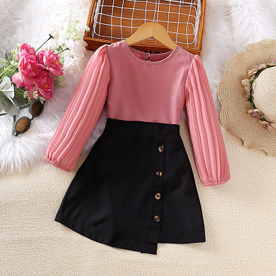 2-piece Toddler Girl Solid Color Patchwork Long Sleeve Top & Skirt