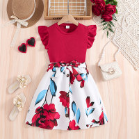 New children's clothing flying sleeve top printed skirt two-piece suit  Red