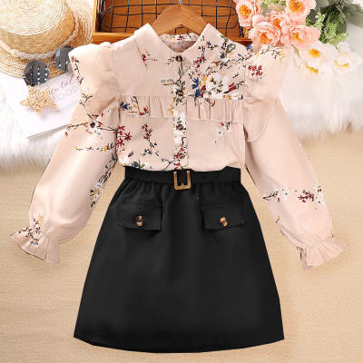 2-piece Kid Girl Floral Ruffled Shirt Collar Long Poet Sleeve Top & Solid A-line Skirt