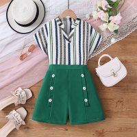 Summer striped short-sleeved top suit shorts fashion suit  Green