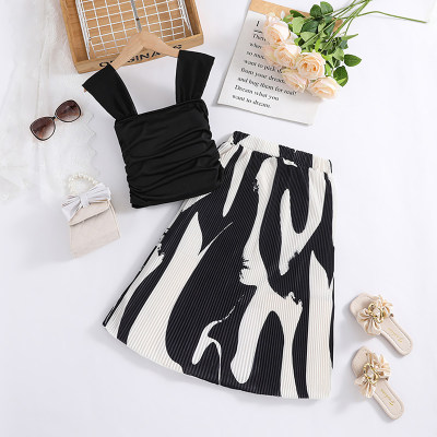 Summer black halter top printed skirt two-piece set