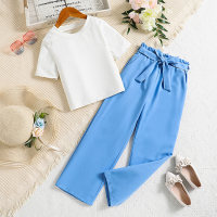 Simple and stylish white round neck top and blue trousers suit  Blue