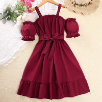 2-piece Kid Girl Solid Color Dew Shoulder Strap Dress & Matching Belt  Red