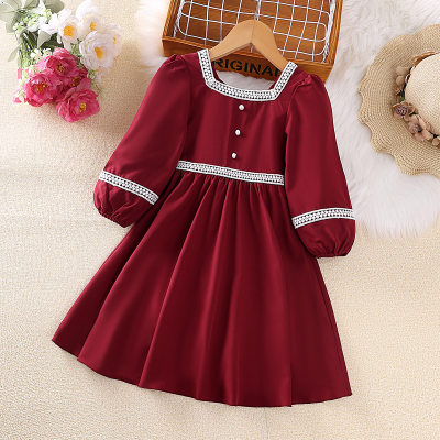 Toddler Girl Lace Spliced Square Neck Long Sleeve Dress