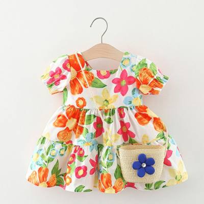 Verão novo estilo bebê menina impressão vestido de menina moda enviar bolsa enviar bolsa de ombro