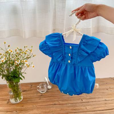 Girls' triangle harem summer Korean version of western-style blue bodysuit baby jumpsuit 0-2 years old rompers