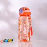 Cartoon trendy water cup portable outdoor large capacity student and child straw plastic water bottle 600mL  Orange