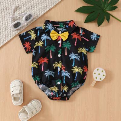 Baby fashionable coconut print short-sleeved lapel bow shirt jumpsuit triangle harem