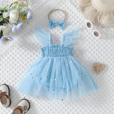 Children's clothing summer girls' mesh sequins flying sleeves and shoulders princess harem bag butt clothes in stock