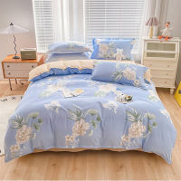 مجموعة من أربع قطع سميكة من القطن الخالص المتجمد وأغطية سرير بسيطة على طراز قبعة السرير ومجموعة لحاف ملاءة صغيرة طازجة ثلاث قطع  أزرق فاتح
