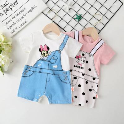 2021 Foshan baby fake two-piece romper for baby girls cartoon crawling clothes stylish summer newborn one-piece short-sleeved