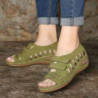 Sapatos femininos de tamanho grande oco velcro sandálias de cunha de tamanho grande  Verde