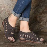 Large size women's shoes hollow Velcro large size wedge sandals  Coffee