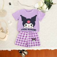 Summer girl casual cartoon suit baby cute loose T-shirt plaid shorts suit  Purple