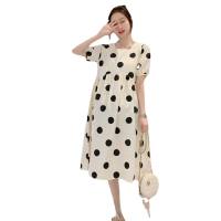 Spot Korean maternity dress summer dress fashionable polka dot stylish square collar high waist long skirt trendy mom large size maternity dress female summer  Apricot