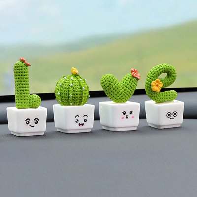 Small Fresh Cactus Decoration Resin Plant Small Potted Plant Car Decoration 4-piece Set