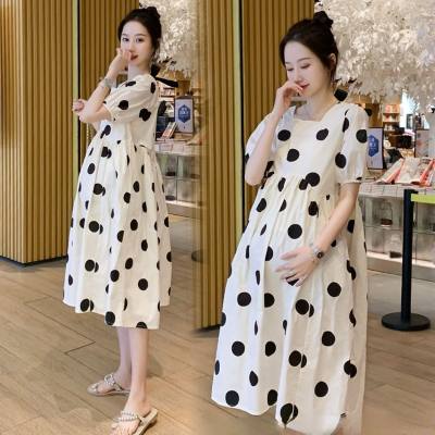 Spot Vestido de maternidad coreano vestido de verano lunares de moda elegante cuello cuadrado cintura alta falda larga moda mamá vestido de maternidad de gran tamaño verano femenino