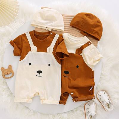 Summer pure cotton baby one-piece romper short-sleeved thin fake two-piece newborn baby boy and girl romper crawling clothes