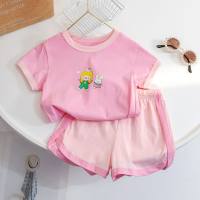 Girls summer new short-sleeved suits summer clothes cartoon printing girls casual two-piece suits baby girls fashionable  Pink